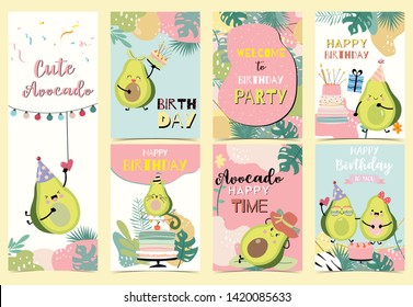 Carácter aguacate con sombrero, tarta, regalo, corazón. Ilustración vectorial para invitación de cumpleaños, tarjeta postal y etiqueta adhesiva