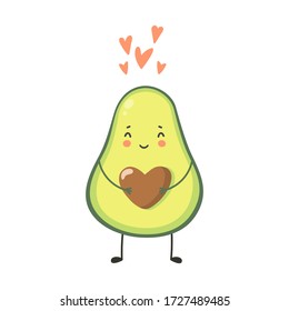 Cute Avocado character with heart. Greeting card with sweet avocado. Vector illustration isolated on white background.