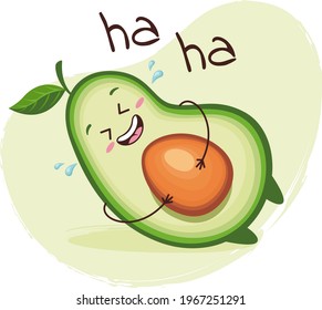 Cute avocado character holding on to the seed and laughs . Emoji stickers with avocado.