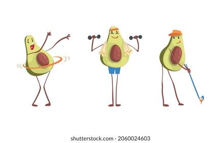 Cute Avocado Character with Hula Hoop, Playing Golf and Lifting Dumbbell Vector Set