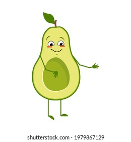 Cute avocado character with joy emotions, smiling face, happy eyes, arms and legs. A mischievous vegetable hero with eyes. Green fruit