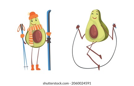 Cute Avocado Charakter Jumping Rope und Ski-Vektorset