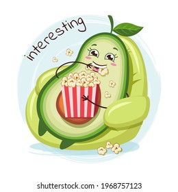 Un personaje de aguacate agudo sobre una silla,
comiendo palomitas de maíz y viendo una película. Emsticadores emoticonos con aguacate.