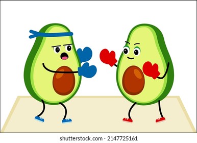 Cute Avocado Character Makes Fighting In Boxing Gloves. Two Avocados Are Engaged In Boxing Sports. Cartoon Avocado Symbols, Isolated Clipart. Vector Illustration .