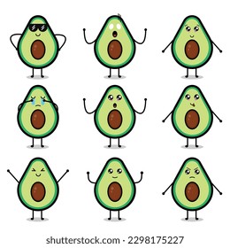 Cute avocado character mascot with different expressions, avocado illustration