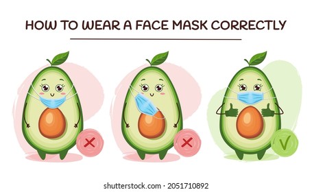 Cute avocado character in medical protective mask with thumbs up. How to wear a face mask correctly. Attention sign.