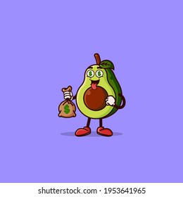 Cute Avocado Character With Money Eyes And Holding Money Bag. Fruit Character Icon Concept Isolated. Emoji Sticker. Flat Cartoon Style Vector