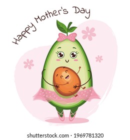 Cute avocado character mother with baby on the pink background with flowers. Happy Mother's Day. Emoji stickers with avocado.