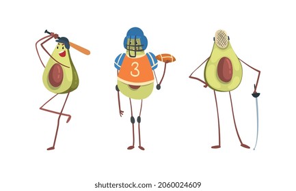 Cute Avocado Character Playing Baseball, Soccer and Fencing Vector Set