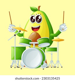 Cute avocado character playing drum. Perfect for kids, merchandise and sticker
