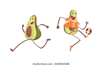Cute Avocado Character Playing Football and Running Vector Set