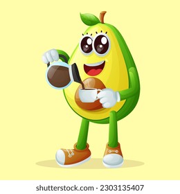 Cute avocado character pouring coffee. Perfect for kids, merchandise and sticker, banner promotion or blog

