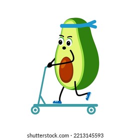 Cute Avocado character ride a scooter. Cartoon  avocado scooter sports.  Vector illustration on white background. concept of a healthy lifestyle and sports.