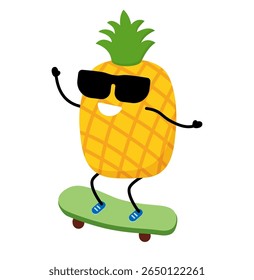 Cute Avocado character riding a skateboard. Cartoon Happy avocado on skateboard. Vector illustration in flat style. concept of a healthy lifestyle and sports.