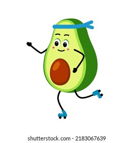 Cute Avocado character roller skating.  Vector illustration on white background. concept of a healthy lifestyle and sports.