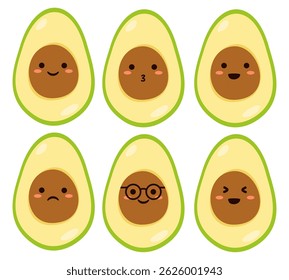 Cute avocado character. Set mascot avocade with different face expression. Cartoon illustraion
