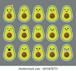 Cute avocado character set. Cute vector set of avocado fruit character in different action emotion.