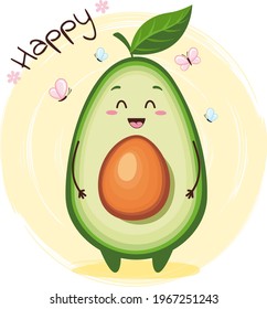 Cute avocado character smiling with butterflies. Emoji stickers with avocado.
