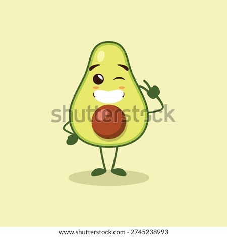The cute Avocado character is smiling widely with a cheesy hand pose, ready to be photographed