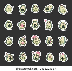 Cute avocado character. Sticker Bookmark. Cartoon fruit food. Hand drawn style. Vector drawing. Collection of design elements.
