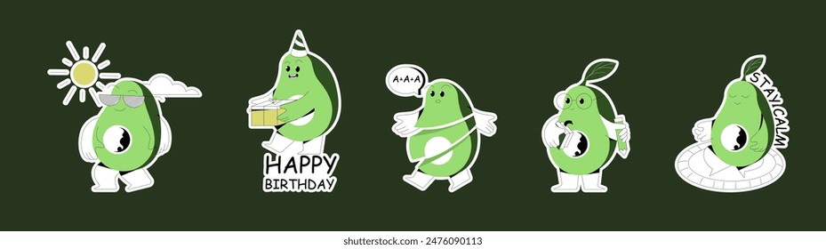 Cute Avocado Character Sticker with Emotion Vector Set. Emoji Funny Alligator Pear Green Fruit with Face Expression