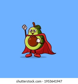 Cute Avocado character with Super hero costume and try to fly. Fruit character icon concept isolated. Emoji Sticker. flat cartoon style Vector