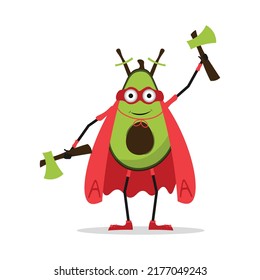 Cute Avocado character with Super hero costume and axe. Fruit character icon concept isolated. Emoji Sticker. flat cartoon style Vector illustration