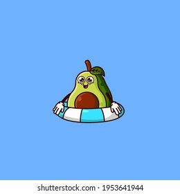 Cute Avocado Charakter mit schwimmendem Ring float. Fruchtsommer Ikone Konzept einzeln. Premium-Vektorgrafik im flachen Cartoon-Stil