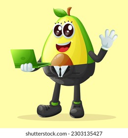 Cute avocado character typing on a computer. Perfect for kids, merchandise and sticker, banner promotion or blog
