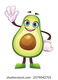 Cute avocado character waving happily. Vector cartoon illustration