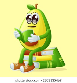 Cute avocado character wearing glasses and reading a book. Perfect for kids, merchandise and sticker, banner promotion or blog
