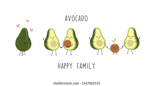 Cute avocado characters, couple in love, young parents, little baby, happy family. Cartoon vector isolated illustration on a white background.