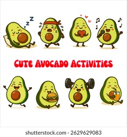 Personagens abacate bonito em atividades diárias - Kawaii Fruit Vetor Set