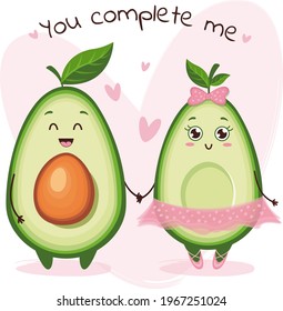 Cute Avocado Characters In Love With Hearts. You Complete Me. Emoji Stickers With Avocado. 