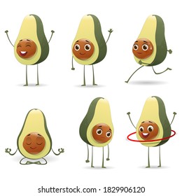 Cute avocado characters set. Funny healthy lifestyle concept. Funny healthy lifestyle. Avocado doing sport, yoga meditate, gym  on white background. Vector illustration