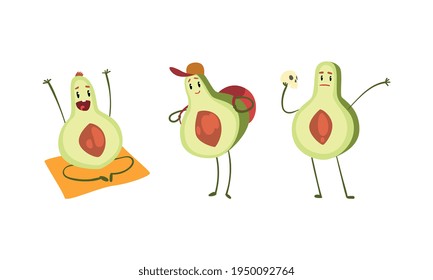 Cute Avocado Characters Set, Funny Humanized Fruit Doing Sports, Traveling, Performing in Theater Cartoon Vector Illustration