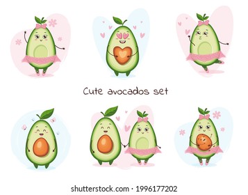 Cute avocado characters set isolated. In love, kiss, lovers, mother with baby, ballerina. Emoji stickers with avocado.