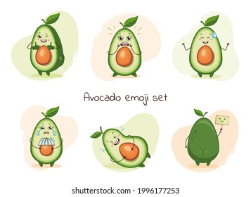 Cute Avocado Characters Set Isolated. Ok, Scared, Oops, Crying, Laughing, Sad. Emoji Stickers With Avocado.