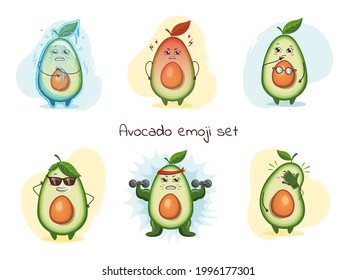 Cute avocado characters set isolated. Frozen, angry, thinking, cool, strong, facepalm. Emoji stickers with avocado.