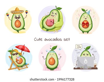 Cute avocado characters set isolated. Fiesta, pop corn, celebrate, chill, yoga, programmer. Emoji stickers with avocado.