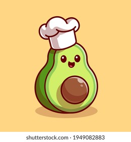 Cute Avocado Chef Cartoon Vector Icon Illustration. Fruit Nature Icon Concept Isolated Premium Vector. Flat Cartoon Style
