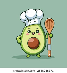 Cute Avocado Chef Cartoon Vector Icon Illustration. Fruit Nature Icon Concept Isolated Premium Vector. Flat Cartoon Style