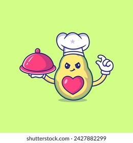 Cute Avocado Chef Holding A Metal Food Platter Mascot Character Vector Icon Illustration