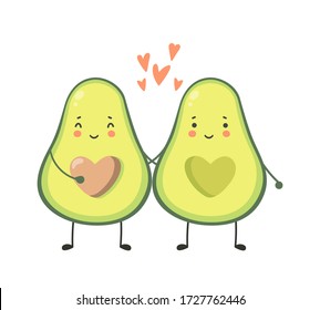 Cute Avocado paart Charakter. Grußkarte mit süßen Avocados und Herz. Vector Illustration isoliert auf weißem Hintergrund.