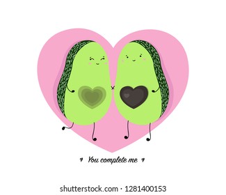 Cute avocado couple with lettering. Valentine's day card. Romantic cartoon characters with hearts and love message, vector illustration