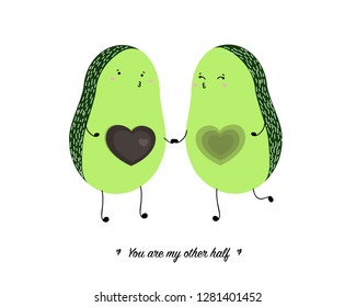 Cute avocado couple with lettering. Valentine's day card. Romantic cartoon characters with hearts and love message, vector illustration