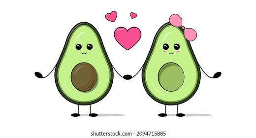 Cute avocado couple in love holding hands. Valentine's day greeting card with sweet avocados and hearts isolated on white background. Vector illustration