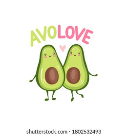 Cute avocado couple in love. Two avocado halves hugging, heart and lettering quote AVOLOVE. Funny, cartoon greeting card. Kawaii vector illustration isolated on white.