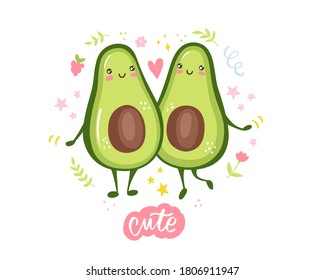 Cute avocado couple in love. Two avocado halves hugging, heart and lettering quote. Funny, cartoon greeting card. Kawaii vector illustration isolated on white.