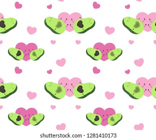 Cute avocado couple seamless pattern. Valentine's day card. Romantic cartoon characters with hearts and love message, vector illustration